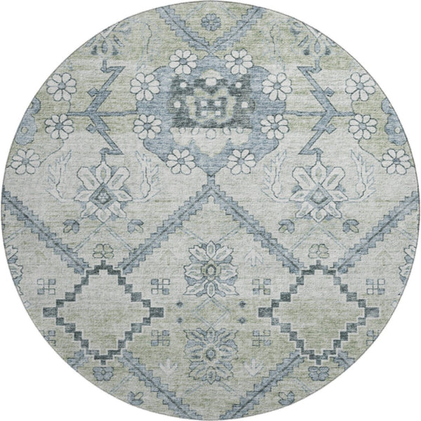 HomeRoots 8' Artichoke Green and Gray Floral Washable Round Rug - Durable, Stain-Resistant, UV Protected Style! 667201