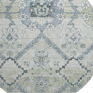HomeRoots 8' Artichoke Green and Gray Floral Washable Round Rug - Durable, Stain-Resistant, UV Protected Style! 667201