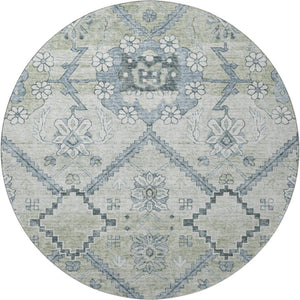 HomeRoots 8' Artichoke Green and Gray Floral Washable Round Rug - Durable, Stain-Resistant, UV Protected Style! 667201