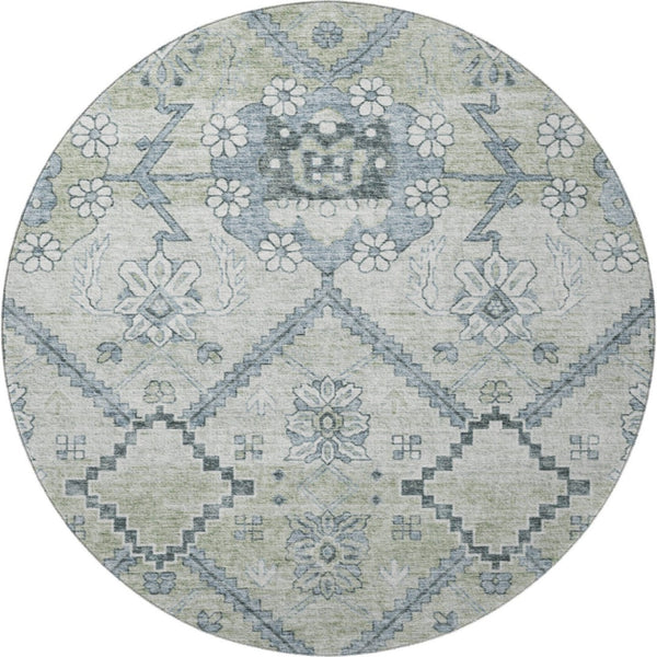 HomeRoots 8' Artichoke Green and Gray Floral Washable Round Rug - Durable, Stain-Resistant, UV Protected Style! 667201