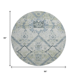 HomeRoots 8' Artichoke Green and Gray Floral Washable Round Rug - Durable, Stain-Resistant, UV Protected Style! 667201