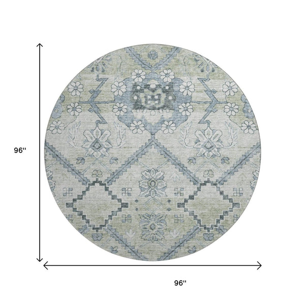 HomeRoots 8' Artichoke Green and Gray Floral Washable Round Rug - Durable, Stain-Resistant, UV Protected Style! 667201