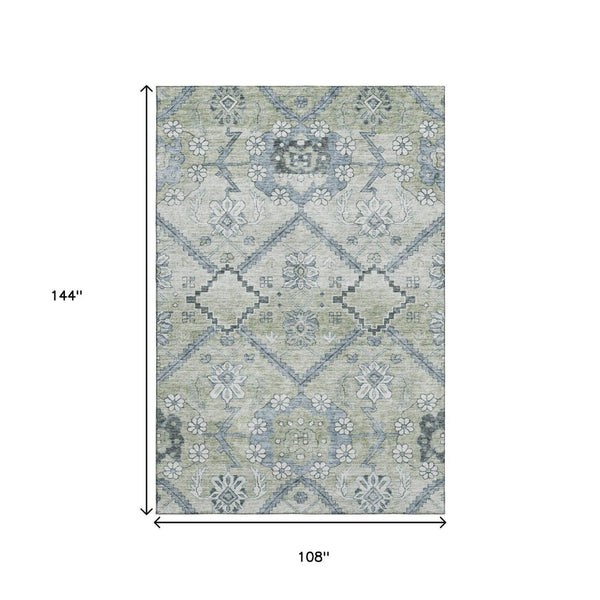 HomeRoots 9' X 12' Artichoke Green Floral Area Rug - Washable, Stain-Resistant, UV Protected for Any Space! 667203