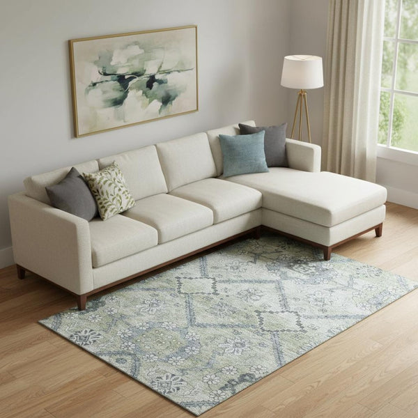 HomeRoots 9' X 12' Artichoke Green Floral Area Rug - Washable, Stain-Resistant, UV Protected for Any Space! 667203