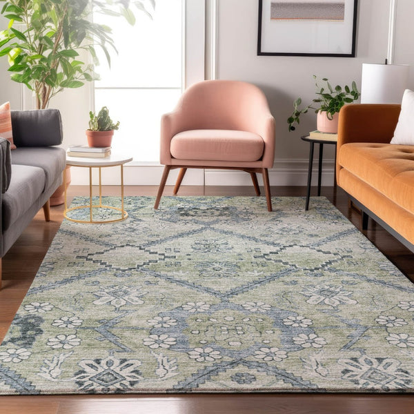 HomeRoots 9' X 12' Artichoke Green Floral Area Rug - Washable, Stain-Resistant, UV Protected for Any Space! 667203
