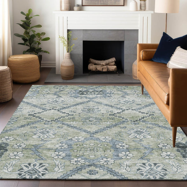 HomeRoots 9' X 12' Artichoke Green Floral Area Rug - Washable, Stain-Resistant, UV Protected for Any Space! 667203