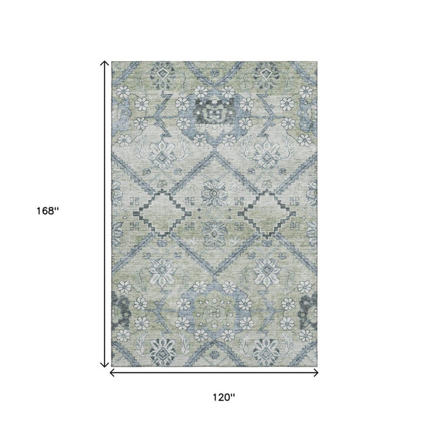 HomeRoots 10' Artichoke Green & Gray Floral Washable Area Rug - Durable, Stain-Resistant, UV Protected Elegance 667204