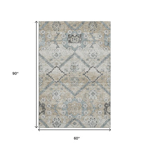 HomeRoots 5' X 8' Beige and Gray Floral Washable Area Rug - UV Protected, Durable, and Pet-Friendly Design 667206