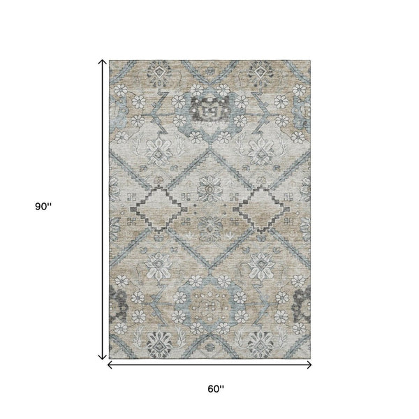 HomeRoots 5' X 8' Beige and Gray Floral Washable Area Rug - UV Protected, Durable, and Pet-Friendly Design 667206