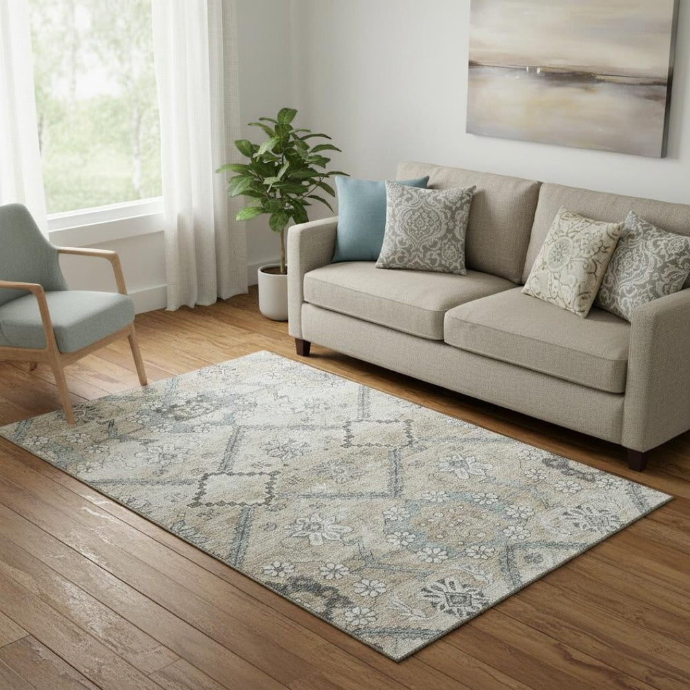 HomeRoots 5' X 8' Beige and Gray Floral Washable Area Rug - UV Protected, Durable, and Pet-Friendly Design 667206