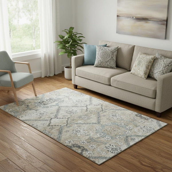 HomeRoots 5' X 8' Beige and Gray Floral Washable Area Rug - UV Protected, Durable, and Pet-Friendly Design 667206