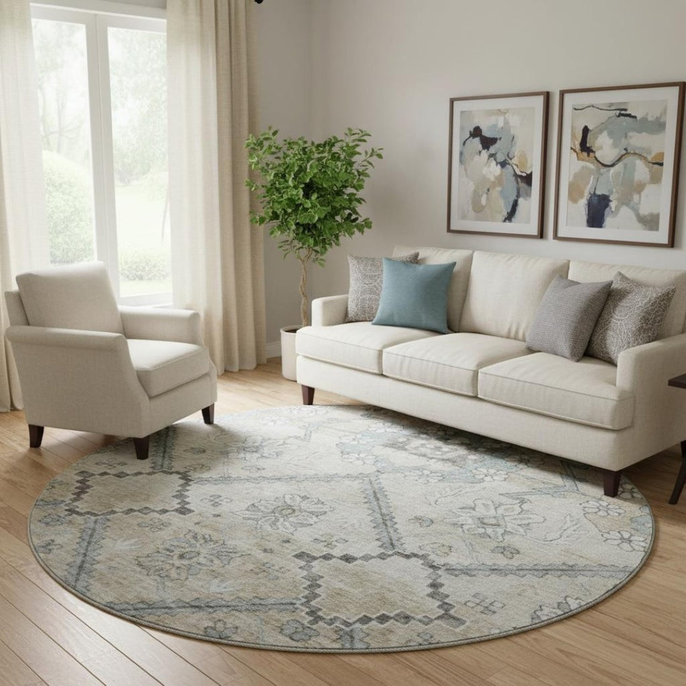 HomeRoots 8' Beige and Gray Floral Round Rug – Washable, UV Protected, Durable, Ideal for Busy Homes & Decor 667207