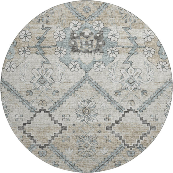 HomeRoots 8' Beige and Gray Floral Round Rug – Washable, UV Protected, Durable, Ideal for Busy Homes & Decor 667207