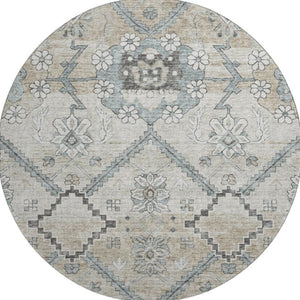 HomeRoots 8' Beige and Gray Floral Round Rug – Washable, UV Protected, Durable, Ideal for Busy Homes & Decor 667207