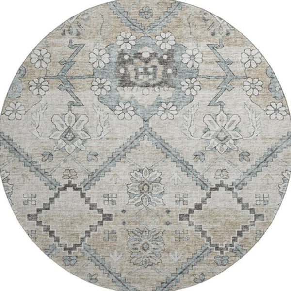 HomeRoots 8' Beige and Gray Floral Round Rug – Washable, UV Protected, Durable, Ideal for Busy Homes & Decor 667207
