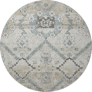HomeRoots 8' Beige and Gray Floral Round Rug – Washable, UV Protected, Durable, Ideal for Busy Homes & Decor 667207