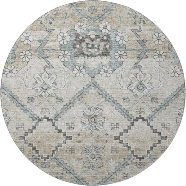 HomeRoots 8' Beige and Gray Floral Round Rug – Washable, UV Protected, Durable, Ideal for Busy Homes & Decor 667207