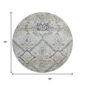 HomeRoots 8' Beige and Gray Floral Round Rug – Washable, UV Protected, Durable, Ideal for Busy Homes & Decor 667207