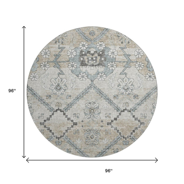 HomeRoots 8' Beige and Gray Floral Round Rug – Washable, UV Protected, Durable, Ideal for Busy Homes & Decor 667207
