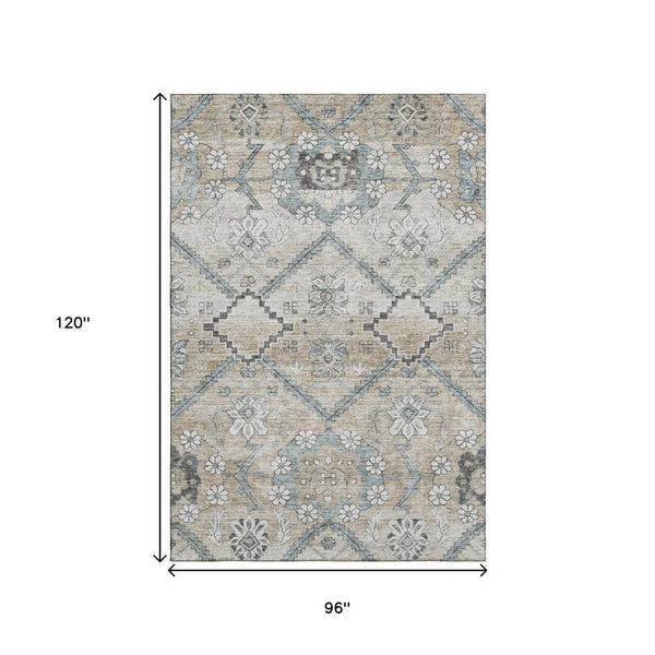 HomeRoots 8' X 10' Beige and Gray Floral Washable Area Rug – UV Protected, Stain Resistant, Ideal for Homes 667208