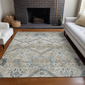 HomeRoots 9' X 12' Beige & Gray Floral Area Rug - Washable, UV Protected, Durable Design for High Traffic Homes 667209