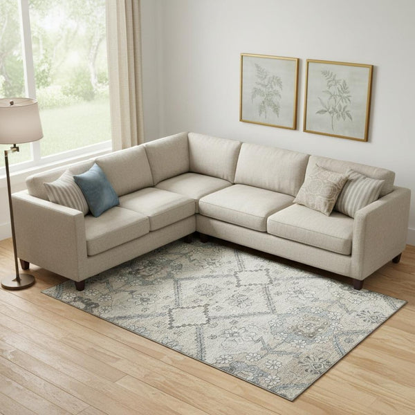 HomeRoots 9' X 12' Beige & Gray Floral Area Rug - Washable, UV Protected, Durable Design for High Traffic Homes 667209