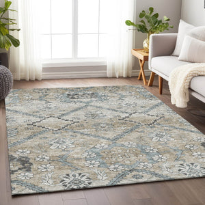 HomeRoots 9' X 12' Beige & Gray Floral Area Rug - Washable, UV Protected, Durable Design for High Traffic Homes 667209