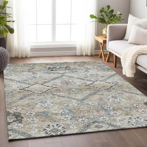 HomeRoots 9' X 12' Beige & Gray Floral Area Rug - Washable, UV Protected, Durable Design for High Traffic Homes 667209