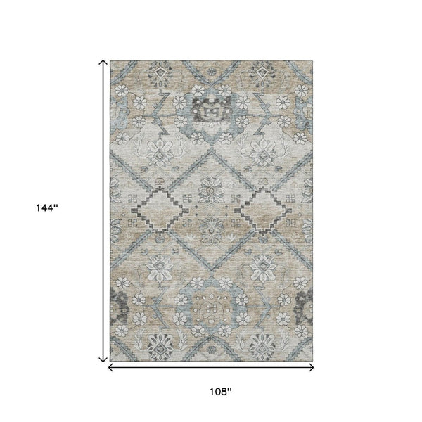 HomeRoots 9' X 12' Beige & Gray Floral Area Rug - Washable, UV Protected, Durable Design for High Traffic Homes 667209