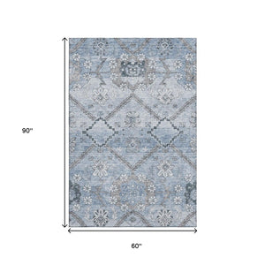 HomeRoots 5' X 8' Blue and Gray Floral Area Rug - Washable, UV Protected, Perfect for Homes with Kids & Pets! 667212