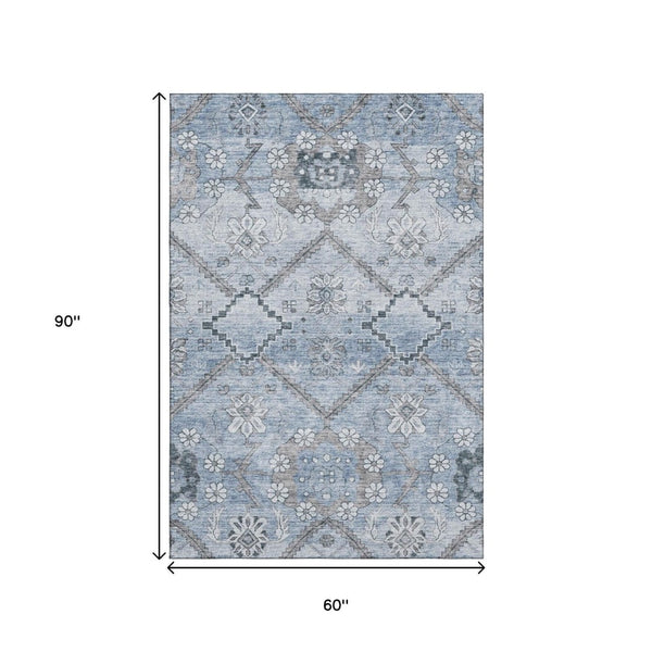HomeRoots 5' X 8' Blue and Gray Floral Area Rug - Washable, UV Protected, Perfect for Homes with Kids & Pets! 667212