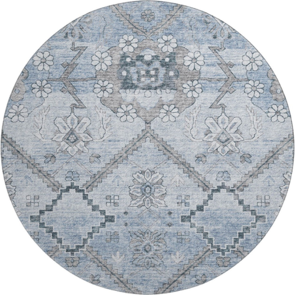 HomeRoots 8' Blue and Gray Floral Round Rug - Washable, UV Protected, Stain-Resistant for High-Traffic Areas 667213