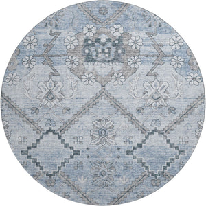 HomeRoots 8' Blue and Gray Floral Round Rug - Washable, UV Protected, Stain-Resistant for High-Traffic Areas 667213