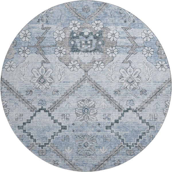 HomeRoots 8' Blue and Gray Floral Round Rug - Washable, UV Protected, Stain-Resistant for High-Traffic Areas 667213