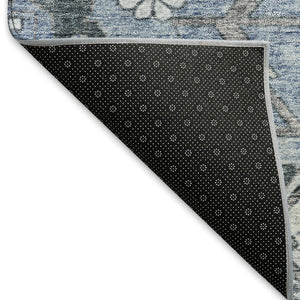 HomeRoots 8' Blue and Gray Floral Round Rug - Washable, UV Protected, Stain-Resistant for High-Traffic Areas 667213