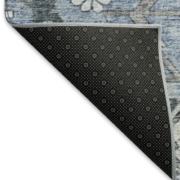 HomeRoots 8' Blue and Gray Floral Round Rug - Washable, UV Protected, Stain-Resistant for High-Traffic Areas 667213