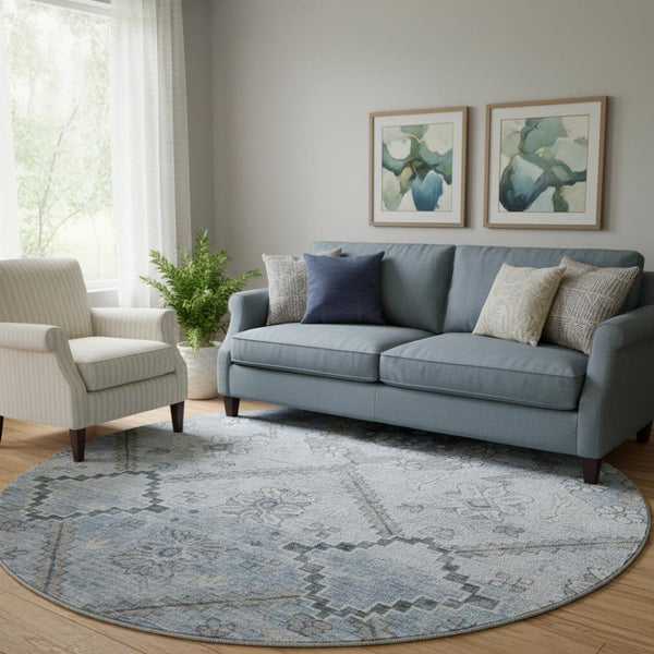 HomeRoots 8' Blue and Gray Floral Round Rug - Washable, UV Protected, Stain-Resistant for High-Traffic Areas 667213
