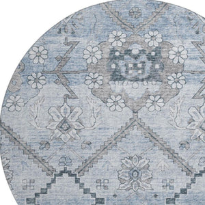 HomeRoots 8' Blue and Gray Floral Round Rug - Washable, UV Protected, Stain-Resistant for High-Traffic Areas 667213