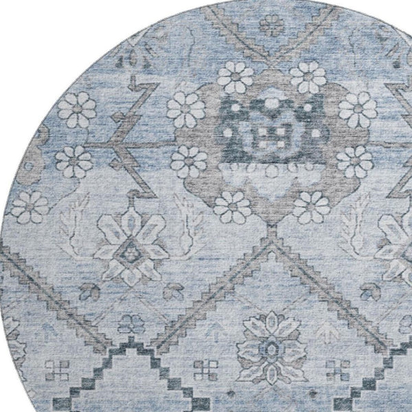 HomeRoots 8' Blue and Gray Floral Round Rug - Washable, UV Protected, Stain-Resistant for High-Traffic Areas 667213