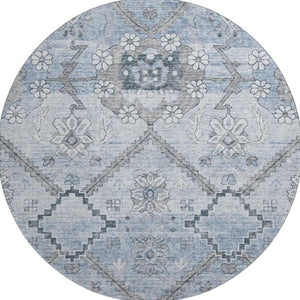 HomeRoots 8' Blue and Gray Floral Round Rug - Washable, UV Protected, Stain-Resistant for High-Traffic Areas 667213