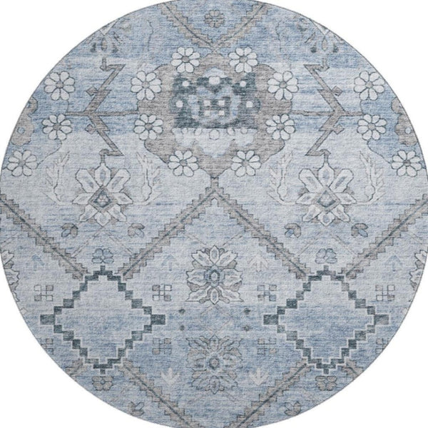 HomeRoots 8' Blue and Gray Floral Round Rug - Washable, UV Protected, Stain-Resistant for High-Traffic Areas 667213