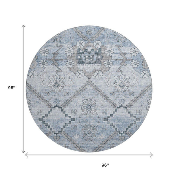 HomeRoots 8' Blue and Gray Floral Round Rug - Washable, UV Protected, Stain-Resistant for High-Traffic Areas 667213