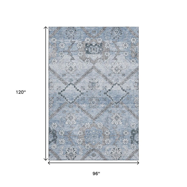HomeRoots 8' X 10' Elegant Blue and Gray Floral Washable Area Rug – Stain Resistant with UV Protection! 667214