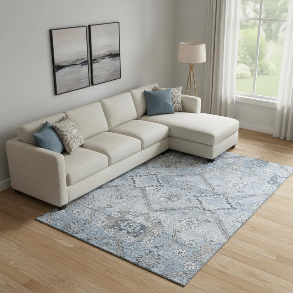 HomeRoots 8' X 10' Elegant Blue and Gray Floral Washable Area Rug – Stain Resistant with UV Protection! 667214