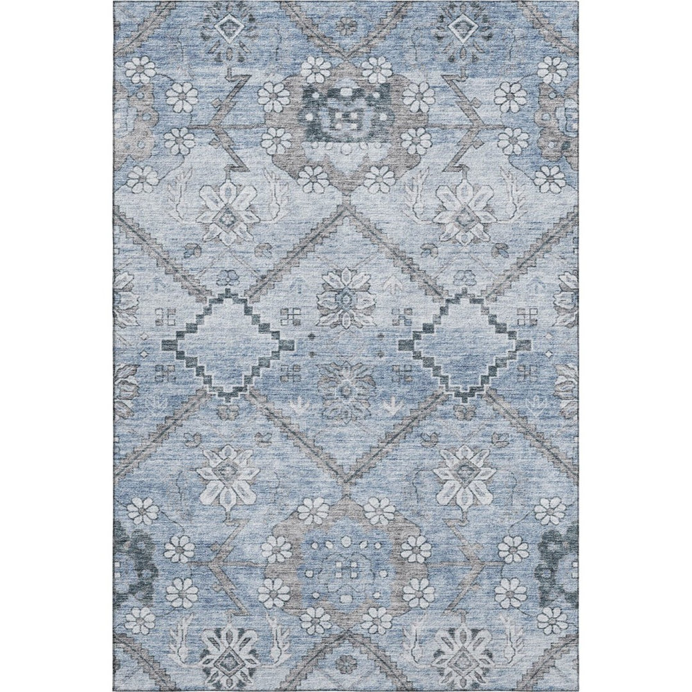 HomeRoots 8' X 10' Elegant Blue and Gray Floral Washable Area Rug – Stain Resistant with UV Protection! 667214