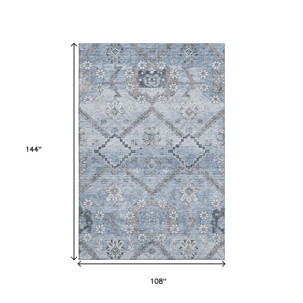 HomeRoots 9' X 12' Elegant Blue and Gray Floral Washable Area Rug with UV Protection for High-Traffic Homes 667215
