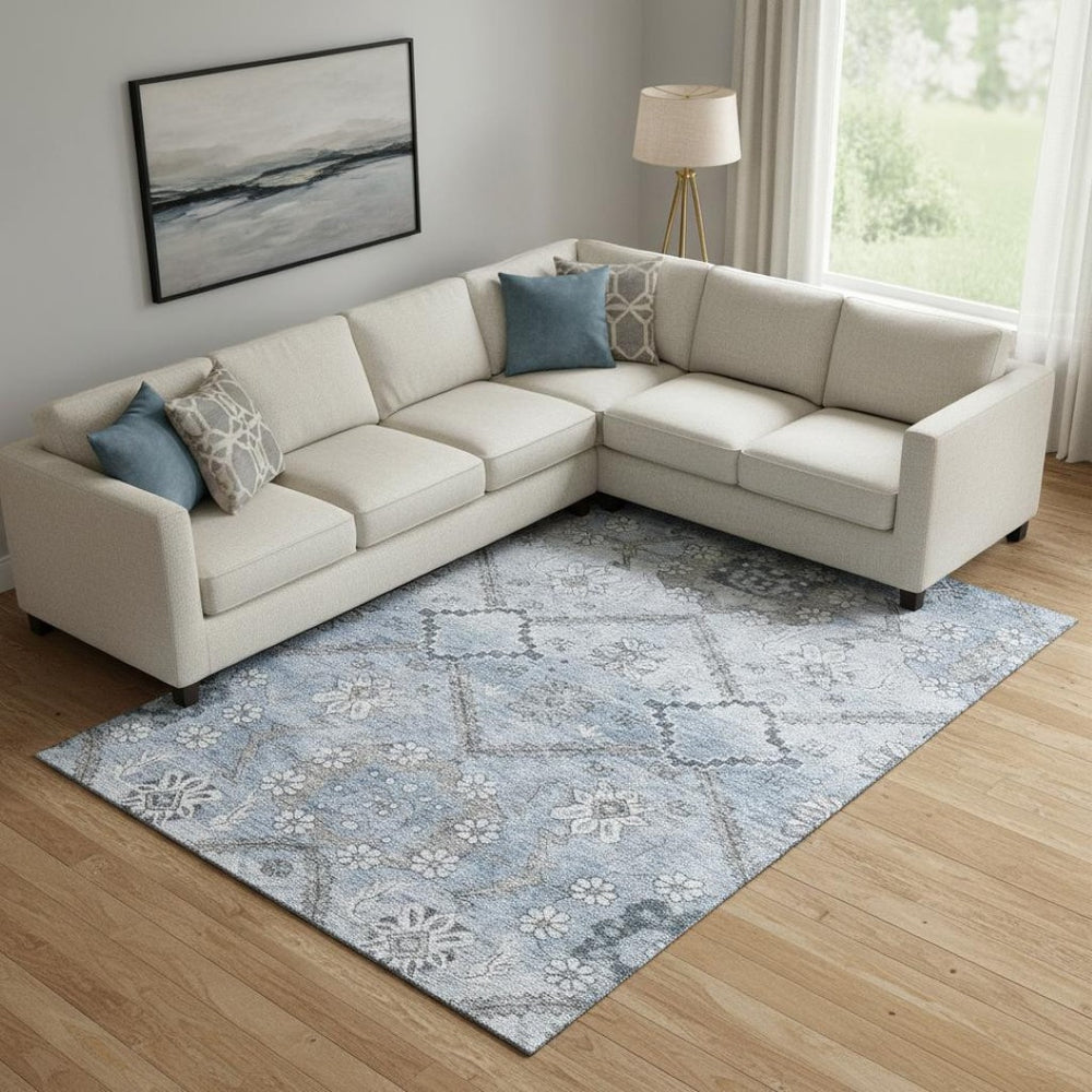 HomeRoots 9' X 12' Elegant Blue and Gray Floral Washable Area Rug with UV Protection for High-Traffic Homes 667215