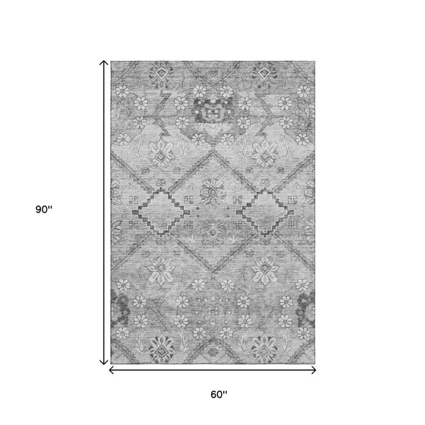 HomeRoots 5' X 8' Gray and Silver Floral Area Rug - Stylish, Washable, UV-Protected for Modern Homes & Families 667218