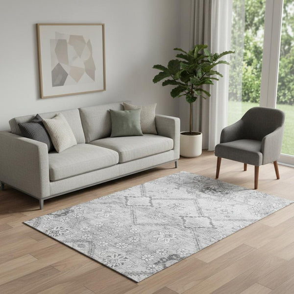 HomeRoots 5' X 8' Gray and Silver Floral Area Rug - Stylish, Washable, UV-Protected for Modern Homes & Families 667218