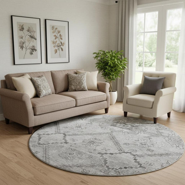 HomeRoots 8' Gray and Silver Floral Washable Round Rug - Durable, UV-Protected, Ideal for High-Traffic Homes 667219